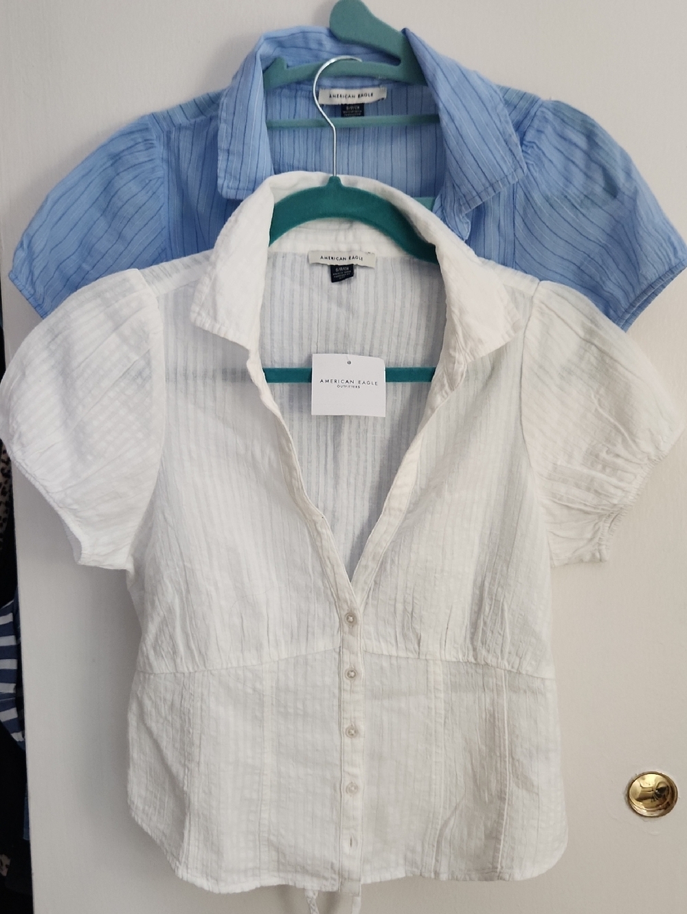 NWT American Eagle Short Sleeve Button Front Blouse in White And Blue. 2 Shirts.